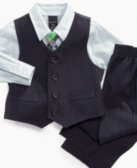 Before your very eyes, he'll become a little man in this stylish 4-piece shirt, vest, pant and tie set from Nautica.