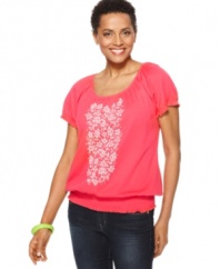 Make casual days stylish in Karen Scott's peasant-style tee, featuring fresh floral embroidery at the front.