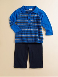 This handsome, matching set features a grown-up shirt collar, bold stripes and elbow patches. Polo top Shirt collarLong raglan sleevesButton frontElastic hem Pants Elastic waistband62% polyester/19% cotton/19% modalMachine washImported