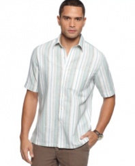 The understated stripe pattern on this short sleeved button down from Tasso Elba will keep your wardrobe on track all summer long.