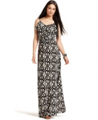 Get on trend with this tribal-printed maxi dress from INC--a ruffled tier at the neckline and a flattering silhouette make it a must-have!