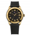 Bring drama to the game with this bold and durable watch by Tommy Hilfiger. Ribbed black silicone strap and round gold ion-plated stainless steel case. Gold tone and black bezel etched with numerals. Logo-embossed black dial features applied gold tone numerals, minute track, three hands and flag logo. Quartz movement. Water resistant to 30 meters. Ten-year limited warranty.