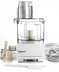 Cuisinart is known for power, quality and convenience. This size processor will take you from soup to soufflé with ease. Exclusive cover with a large feed tube and unique compact chopping/baking cover. Industrial-quality motor. Comes with stainless steel discs and blade, bonus thin slicing disc, dough blade, 2 covers, recipe collection and how-to video. Model #DLC8S. Includes a manufacturer's limited warranty.