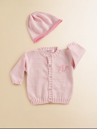 A cozy set for the precious one in soft cotton. Includes cardigan and matching hat Pearlized button front Cotton; machine wash Made in USAFOR PERSONALIZATION Select a quantity, then scroll down and click on PERSONALIZE & ADD TO BAG to choose and preview your monogramming options. Please allow 4-6 weeks for delivery.