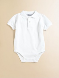 Crafted in plush cotton, the classic polo shirt is transformed into a one-piece knit lending ultimate style and comfort for baby.Point collarShort sleevesFront buttonsBottom snaps for easy on and offCottonMachine washImported Please note: Numbers of buttons and snaps may vary depending on size ordered. 