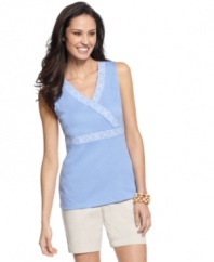 Looking for an easy top to pair with your favorite shorts? Check out Karen Scott's tank top, complete with a flattering surplice neckline and pretty embroidered trim!