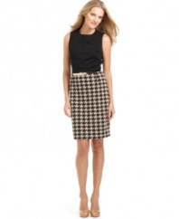 Calvin Klein crafts this dress using a supersoft ponte knit and decks the skirt out in a stylish, oversized houndstooth. A matching belt puts the final polish on the look.