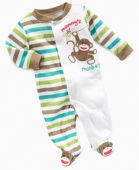 What a little monkey! He'll be the main attraction wherever you go when he's sporting this adorable footed coverall from Baby Starters.