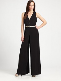 Timelessly stylish, this wide-leg jumpsuit features a sultry neckline and a chic belt.Deep v-neckSleevelessBelt loopsBelt includedAbout 33 from natural waist76% triacetate/21% polyester/3% polyurethaneDry cleanImported Model shown is 5'10 (177cm) wearing US size 4. OUR FIT MODEL RECOMMENDS ordering true size. 