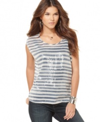 This sequined, striped petite top by DNKY Jeans adds a glam touch with a nautical twist to your spring wardrobe.