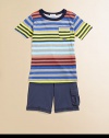 A cozy crewneck with cool stripes and a convenient patch pocket, paired with cargo shorts, make this set a must-have for your little man.CrewneckShort sleevePullover stylePatch pocketElastic waistSide cargo pocket50% pima cotton/50% modalMachine washImported