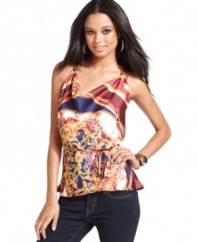 Rock yacht party style in this top from Baby Phat! With its brilliant scarf print and halter strap design, this pretty piece defines casual luxe!