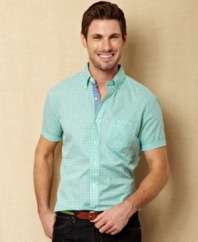 Polish your summer look with this preppy plaid shirt from Nautica.