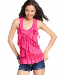 Slub-knit fabric and panels of crochet-knit form infinite ruffles on this adorable top from Eyeshadow!
