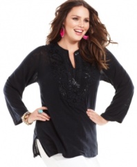 An embellished front elegantly accents INC's long sleeve plus size top, crafted from season-perfect linen.