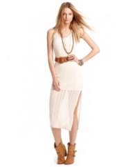 Hit the town in high-fashion style with this illusion dress from American Rag! A woven belt adds waist-whittling cool to a day number that's all about chic crochet knit.