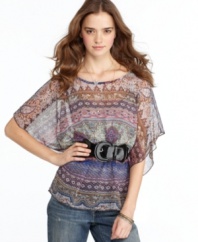 Wispy chiffon meets casbah-inspired print on a top that's abundant in international flavor! From Sugar & Spice.