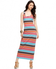 Get striped from head to toe in this colorful, lace back dress from Planet Gold -- a super cute variation to your stock of maxis!