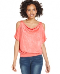 Shoulder cutouts and a slouchy-cool fit make this printed top from BCX a cute style pick for hanging with the girls!