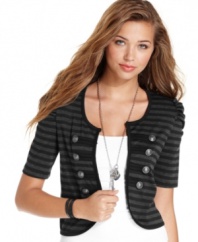 Enlist in the chicest army around with a jacket from BCX that sports military-style buttons and a legion of stripes!