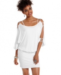 Split sleeves are held together by dazzling, rhinestone straps on this blouson-style party dress from B Darlin -- perfect for an all-white party!