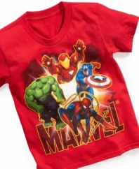 All-American style that will fight to refresh his look, this tee features his favorite Marvel superheroes.