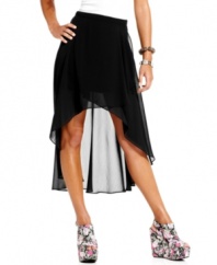 Wispy chiffon meets trend-right asymmetrical design on this wrap-style skirt from BCX! Pair the skirt with any one of the season's must-have wedges for a look that's next-level cool!