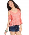 Pretty femme! Shoulder cutouts add trend-right style to this sheer lace top from Fire! Style the piece with denim shorts for a look that marries sweet-wear with street-wear.