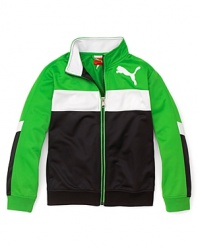 A stylish, sports-ready look from PUMA, this bold colorblock track jacket will have him looking sharp on and off the field.