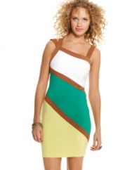 Asymmetrical blocks of varying hues add serious color punch to a dress of bold design! From XOXO.