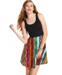 Material Girl dares you to go wild in a trend-forward skater dress that sports a super-colorful, animal-print skirt!