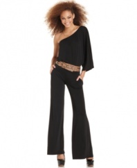A strappy, animal-print belt adds chic ferocity to this one-shoulder jumpsuit of minimalist design! From Baby Phat.