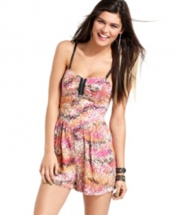 Material Girl offsets a soft print with an industrial-tough zipper on a romper that masters fun, summery style!