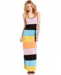 Thick blocks of color and a chic braided belt make this maxi dress a bold update to a classic summertime style! From American Rag.