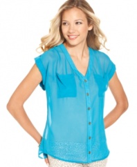 Sheer genius, indeed! A cool back cutout lends totally alluring style to this sheer button-down top from 6 Degrees.