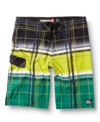Cool color blocking and stripes gives these Quiksilver board shorts instant presence on the beach or boardwalk.