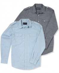 Clean up. Get crisp, handsome style with a modern touch in this long-sleeved shirt from American Rag.