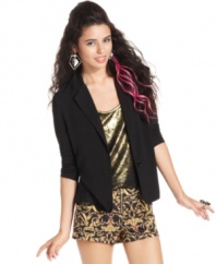 Assume your role as a fashion tastemaker in this chic, Material Girl blazer! A suprising network of back cutouts enhances its totally striking style.