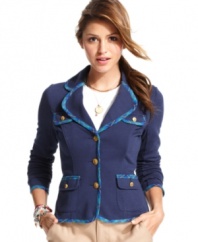Rock the hallways in this blazer from Tommy Girl! Crest buttons and plaid trims enhances the layer with super-preppy style.
