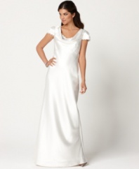 Eliza J's captivating satin cowl neck gown is a vision with its delicate lace details and fully buttoned back (which cleverly disguises a more convenient zipper). You're sure to be stunning in this sweeping, royal wedding-inspired dress. (Clearance)