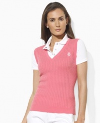 The epitome of sporty heritage, this Lauren by Ralph Lauren vest combines a comfortable mesh polo shirt with a cable-knit combed cotton vest for a chic, athletic look.