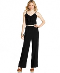 Get high on sleek style in a ruffled jumpsuit that creates a lean, mean silhouette -- and seamlessly transitions from day to night! From BCX.