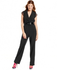 Sheer lace detail adds femme-sophistication to this belted jumpsuit from Urban Hearts!