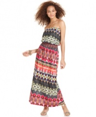 Culture meets street wear: stunning tribal-print makes this strapless maxi dress a summer must-have! From Belle Du Jour.