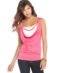 Score colorful, knockout style with this top deluxe from BCX! Designed with a draped tank, attached cami and beaded necklace, this piece boasts three-in-one fun!