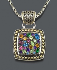 Paint a portrait of color with this vibrant Effy Collection pendant. Set in sterling silver and 18k gold, necklace features amethyst (5/8 ct. t.w.), citrine (1 ct. t.w.), rhodonite (1-1/8 ct. t.w.), pink tourmaline (1/2 ct. t.w.), peridot (5/8 ct. t.w.) and tsavorite (5/8 ct. t.w.). Approximate length: 18 inches. Approximate drop: 1-3/4 inches.