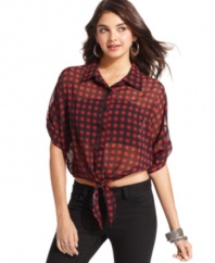 Fresh Brewed feminizes a lumberjack plaid top with sheer chiffon and cropped, tie-front design!