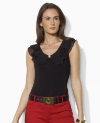 Lauren by Ralph Lauren's sleeveless tank exudes feminine panache, accented with a multi-tier ruffled neckline and rendered in an ultra-soft lustrous knit for timeless style.