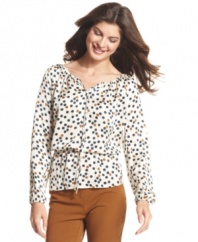 The peasant top goes modern with a fun polka dot print in this Ellen Tracy look.