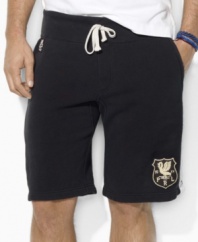 A relaxed drawstring short is rendered in soft, weathered fleece with athletic accents for a comfortable, casual look.